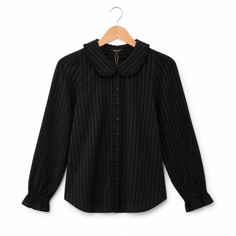 Quince Blouse Womens M Black Textured Ruffle Long Sleeve 100% Organic Cotton NWT